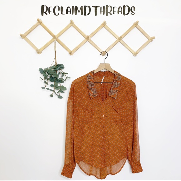 Free People sheer paisley button down rust top - Picture 2 of 8
